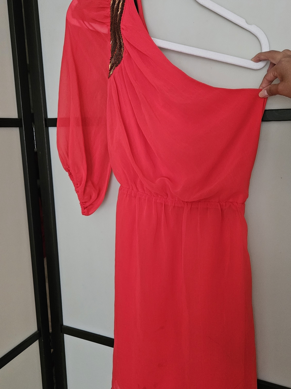 Forever 21 One-Shoulder Bright Red Dress with Gold Trim